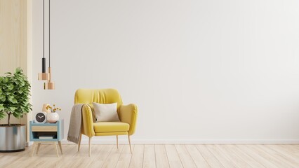 Yellow armchair on empty white wall background.
