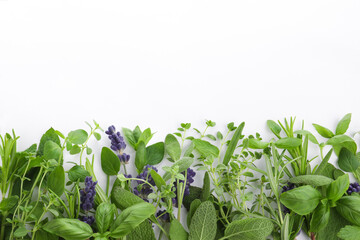 Many different aromatic herbs on white background, flat lay. Space for text