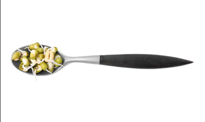 Spoon with fresh sprouted mung beans isolated on white, top view