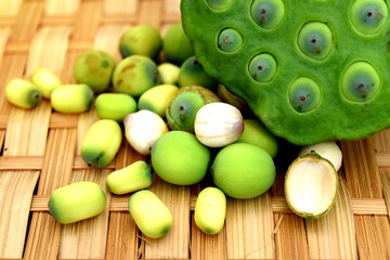 The lotus seed on a bamboo tray