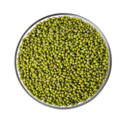 Bowl with fresh mung beans isolated on white, top view