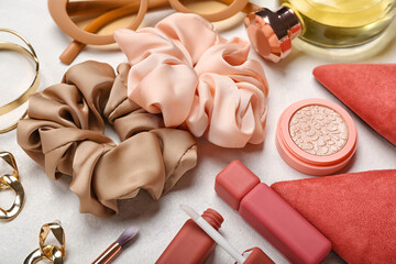 Female accessories and shoes on white background