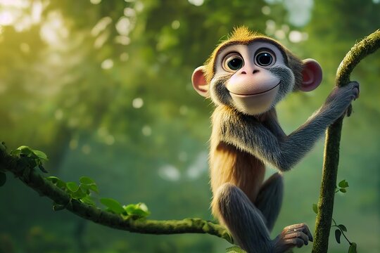 A monkey sits on a tree branch with green foliage in the jungle on a clear summer day 3d illustration