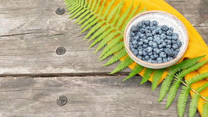 Blueberries picking. Eco friendly composition with bowl with blueberries on a wooden table with...