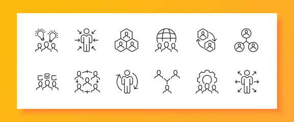 Team building set icon. Idea, creativity, hierarchy, responsibilities, management, subordination, setup, configuration, check mark, boss, director. Team work concept.