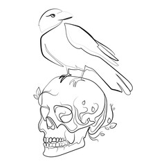 Human skull with crow Line art drawing,sketch style vector Art. Raven on skull black and white gothic illustration Minimal art liner design for different uses