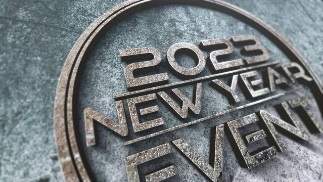 3D animation of 2023 New Year Event goldent chrome text cinematic title. Ending cover for end scence trailer winter snow, Christmas and New year event background