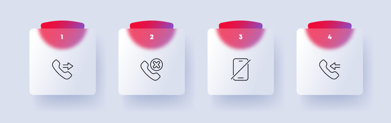 Call centre set icon. Incoming, outgoing, missed call, hotline, wifi, arrows, correspondence, phone, communication. Contact us concept. Glassmorphism style. Vector line icon for Business