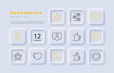 Feedback set icon. Share, pointer, thumbs up, star, like, heart, favorites, important, call back, comment, speechbubble, dialogue. Button for social network. Neomorphism style. Vector line icon