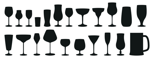 Silhouettes of various glasses isolated on white background. Vector illustration - obrazy, fototapety, plakaty