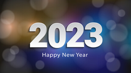 Happy new year 2023. Trendy new year celebration vector design on blurred background. Festive greeting card illustration.