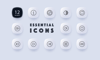 Button for player set icon. Info, info, help, fast forward and rewind, next and previous video, brightness, switch off, shuffle, pause, stop, play, cycle. Media concept. Neomorphism. Vector line icon