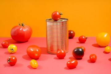 Tin can and different fresh tomatoes on color background