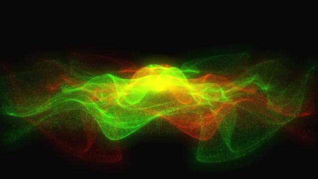Abstract animation. Oscillating fluttering orange and green plumes of particles on a black background.