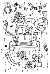 wedding doodle illustration, bride and groom go by car black and white picture