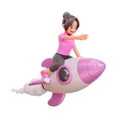 3d illustration cute girls is flying on a rocket