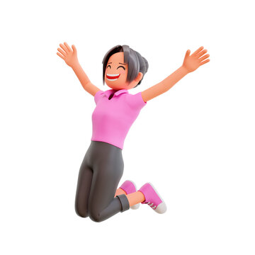 3d illustration cute girl happy jump