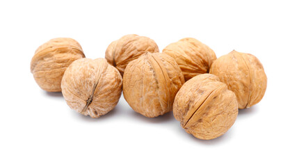 Heap of walnuts isolated on white background