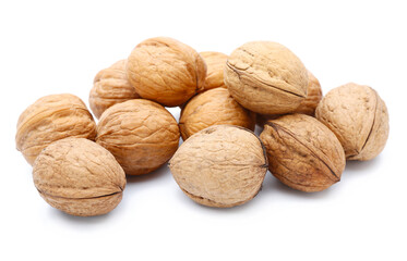 Heap of walnuts isolated on white background