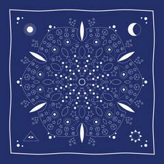 Bandana print Seamless pattern Mandala illustration White on blue Vector