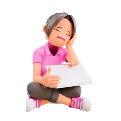 3d render Bored sleepy cute girl sit floor laptop lean on palm and falling asleep sleeping exhausted and bored dont like studying making homework computer online education pose