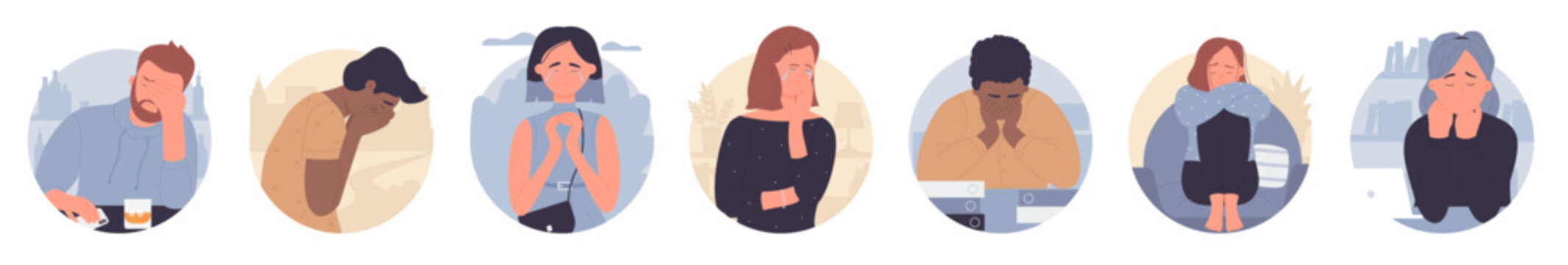 Cartoon lonely man woman suffering from grief, loneliness and pain, people teens crying background. Stress, anguish, mental problem concept. Sad depressed people round shapes set vector illustration.