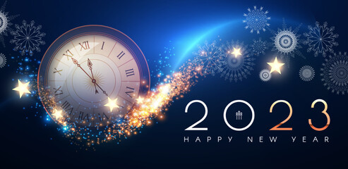 Happy new 2023 year. Ckock, elegant gold text with fireworks, snowflakes and light effects.