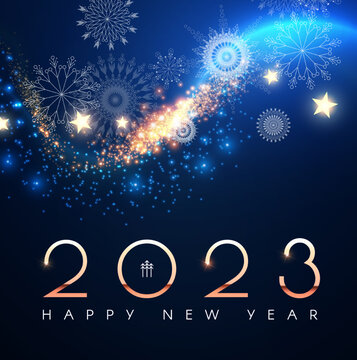Happy new 2023 year Elegant gold text with fireworks, snowflakes and light effects.