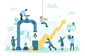 Oil industry, finance price regulation vector illustration. Cartoon tiny people open valve on pipeline of petrol production, control drilling and crude oil price growth, arrow graph and diagram rise