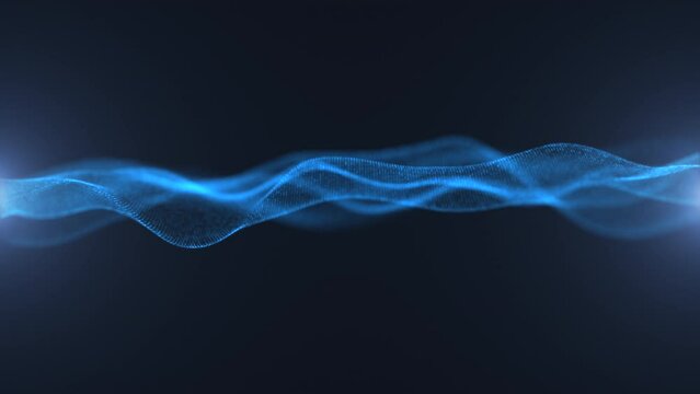 An oscillating plume of blue particles on a dark blue background. Passing waves of luminous particles.