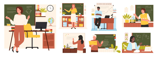 School teachers at blackboards set vector illustration. Cartoon adult female and male characters holding pointer and chalk to explain lesson in classroom and teach students, board presentation