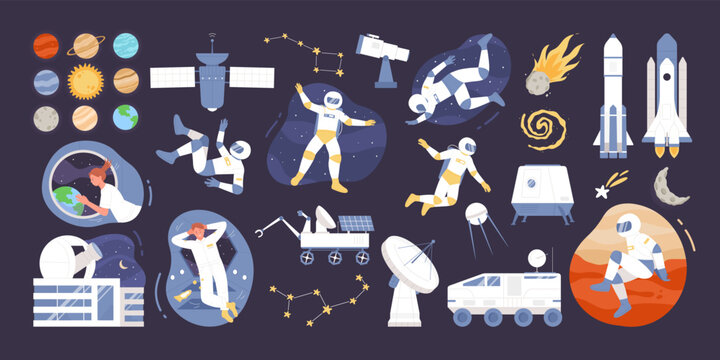 Space discovery set vector illustration. Cartoon isolated man and woman astronaut characters in spacesuits fly and explore solar system planets, space station and rockets on universe background