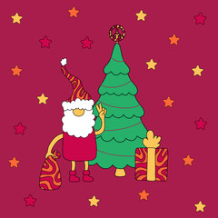 Funny hippie santa claus with present and christmas tree. Vector illustration for postcard design and print