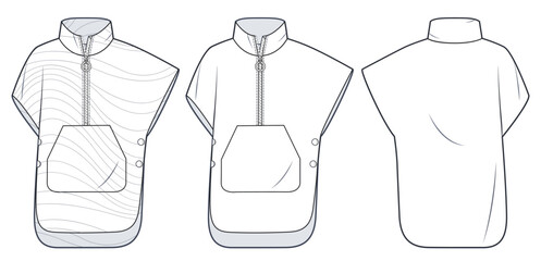 Oversize Vest Down Jacket technical fashion Illustration, wavy design. Jacket, Poncho technical drawing template, sleeveless, pocket, front and back view, white, women, men, unisex CAD mockup set. © Liubov Hladka
