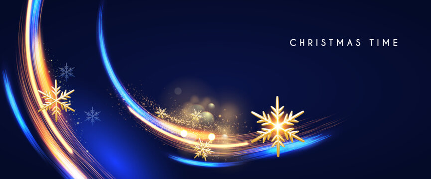Merry Christmas shining celeration with motion light and gold snowflakes.