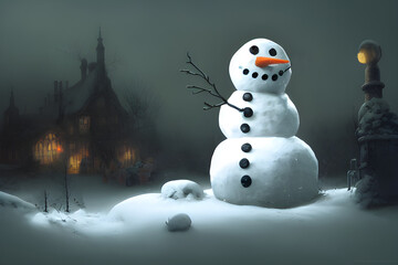 Naklejka premium Snowman outside on a snowy winter day.