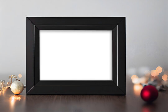 Black Picture Frame Mockup with Holiday Decor on a Table (2:3 frame ratio)