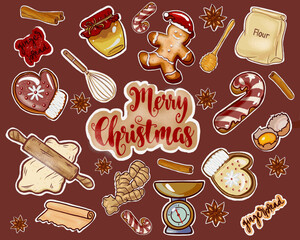 Gingerbread recipe sticker set. Christmas gingerbread stickers, flour, scales, ginger, spices, gingerbread.Clipart of Christmas cookies. Hand drawn, vector, printable sticker set