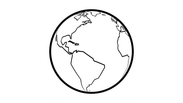2D animation of the outline cartoon planet Earth isolated on a white background. Rotating black planet in flat design. Good for educational, or business film, modern explainers, or infographic