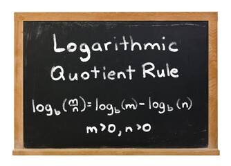 Logarithmic functions quotient rule written in white chalk on a black chalkboard isolated on white