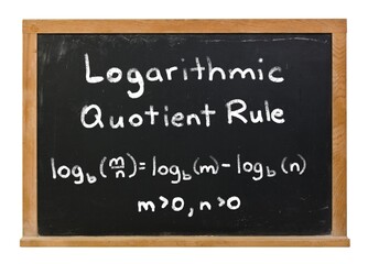 Logarithmic functions quotient rule written in white chalk on a black chalkboard isolated on white