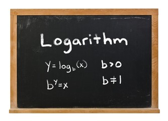 Obraz premium Logarithmic functions written in white chalk on a black chalkboard isolated on white