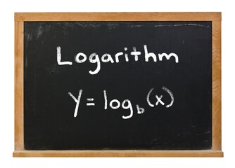Logarithmic functions written in white chalk on a black chalkboard isolated on white - obrazy, fototapety, plakaty
