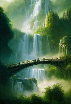 concept art illustration of rivendell town from lord of the rings