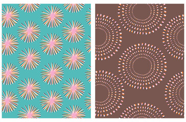 Hand Drawn Childish Style Seamless Vector Pattern Set. Irregular Circles and Stars made of lines and Spots on a Blue and Brown Background. Cute Simple Geometric Repeatable Design ideal for Fabric.