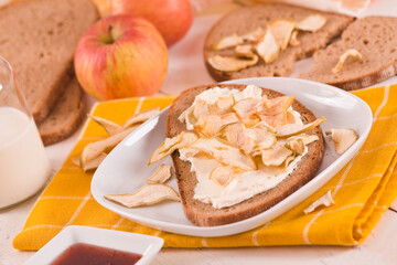 Rye bread with apple in crispy slices with skin.