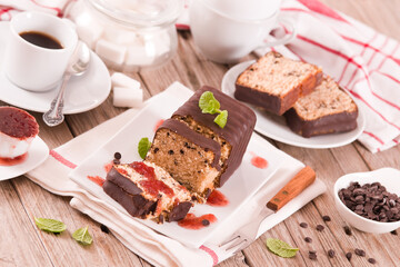 Sponge cake with chocolate frosting.