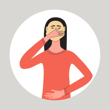 Woman Suffering From Nausea Or Vomiting. Poisoning,gastric, Poor Digestion. Flat Vector Medical Illustration