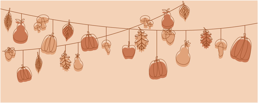  Autumn decoration garland. Pumpkin, fallen leaves, pears, mushrooms hanging decoration background. Thanksgiving, Harvest graphic design elements. Vector illustration.