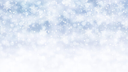 Merry Christmas texture background, snowfall on blue blurred lights with snowflakes patterns. Gift greeting card ticket or promotional banner template with copy space.